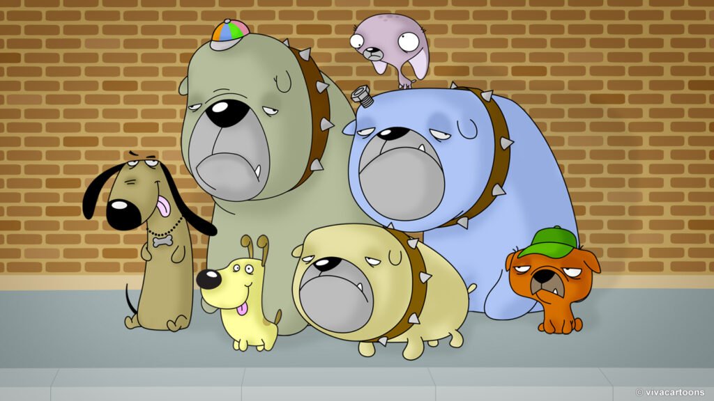 Colorful group of cartoon stray dogs of different sizes and personalities in a dark street alley