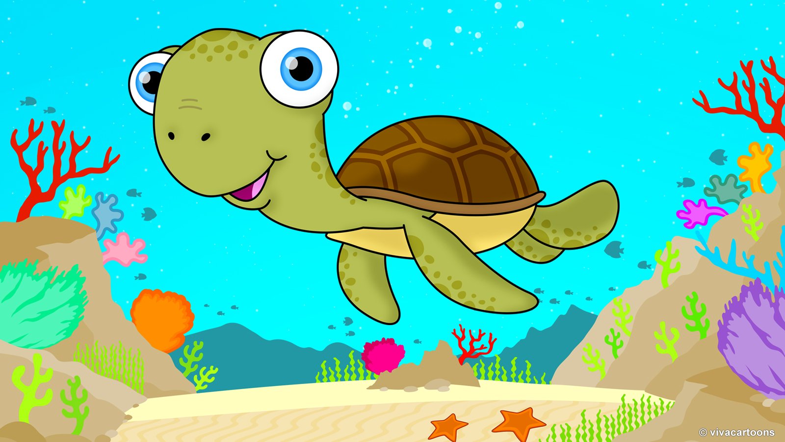 Colorful sea turtle swimming through a coral reef surrounded by tropical fish